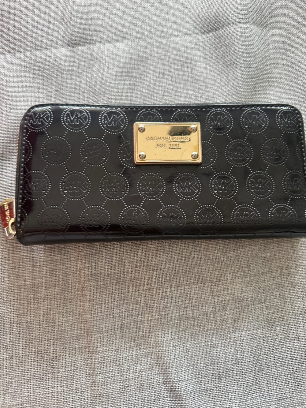 MICHAEL Michael Kors Black Patent Logo Zip Around Wallet with Gold Plate